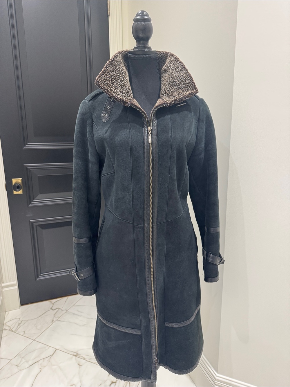 Cole Haan Dark Brown Suede Trench Coat with Shearling Collar